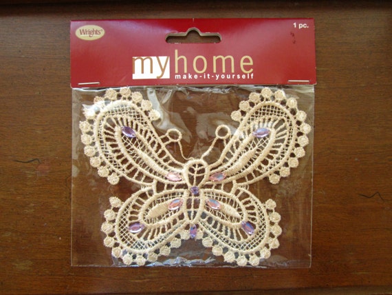 50% OFF Sale ~ New In Package ~ Wrights Brand Butterfly Applique ~ Cream Colored Butterfly With Sewn On Faux Jewels