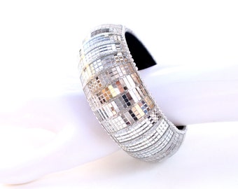Mirrorball cuff bangle. Disco mirrorball bangle, helping you remember the disco 70s and 80s. Disco Jewellery.