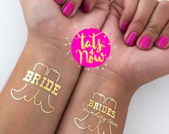 Country bride, brides drinking team bachelorette tattoo, bridal party, bridesmaid tattoo, bride, western, gold tattoo favor, cowgirl, boots