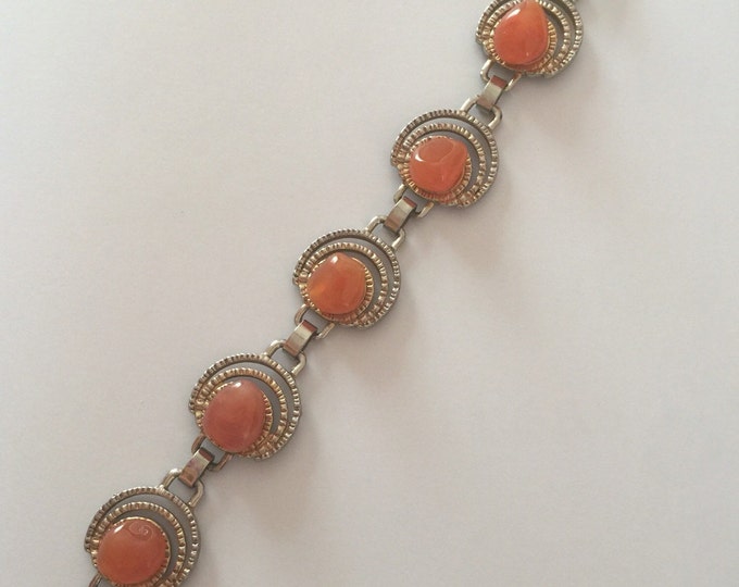Striking Chunky Bracelet 8" Large Coral Stones Set in Gold Tone Intricate Design