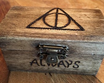 Harry Potter, Deathly Hallows inspired wooden chest, small wooden chest, keepsake, trinket box, jewellery box, always.