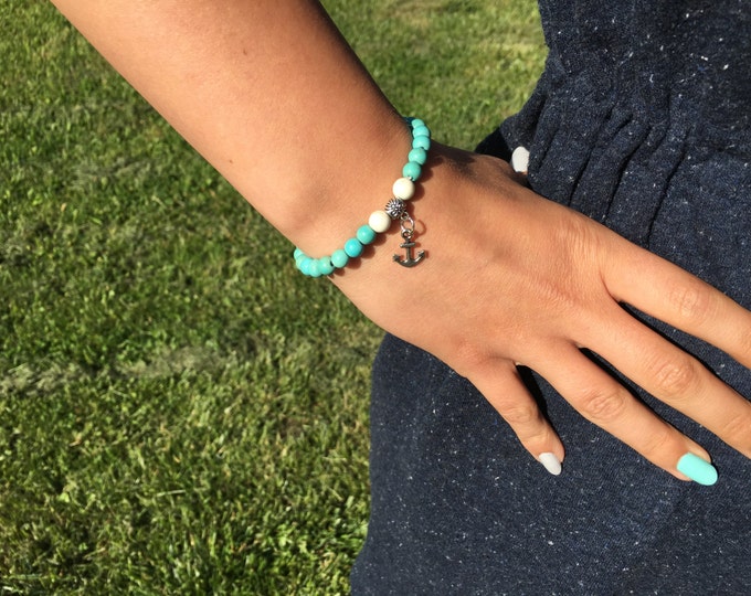 Turquoise Bracelet, Anchor Bracelet, Turquoise Cuff Bracelet with Anchor, White Beads