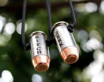 Supernatural "Bitch" + "Jerk" best friend Devil's Trap bullet casing necklaces with bullet and swarovski crystals
