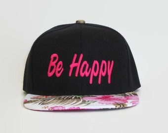 Pink Floral Baseball Snapback Hats,Black Dad Hats, Embroidered Be Happy Hat, Flat Bill Snapback Hats