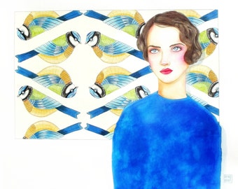 Portrait of woman with blue tits. Original watercolor. Single piece hand painted by Rosedraft.