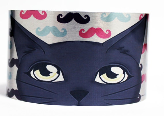 Hipster Cat with Blue, Pink, Black Mustaches Aluminum Bracelet, Silver Tone Arm Band