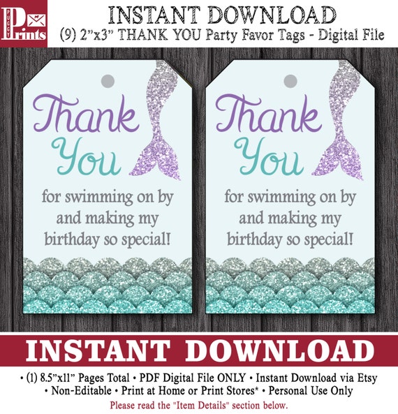 Mermaid Birthday Favor Tags Mermaid Thank You by PuggyPrints