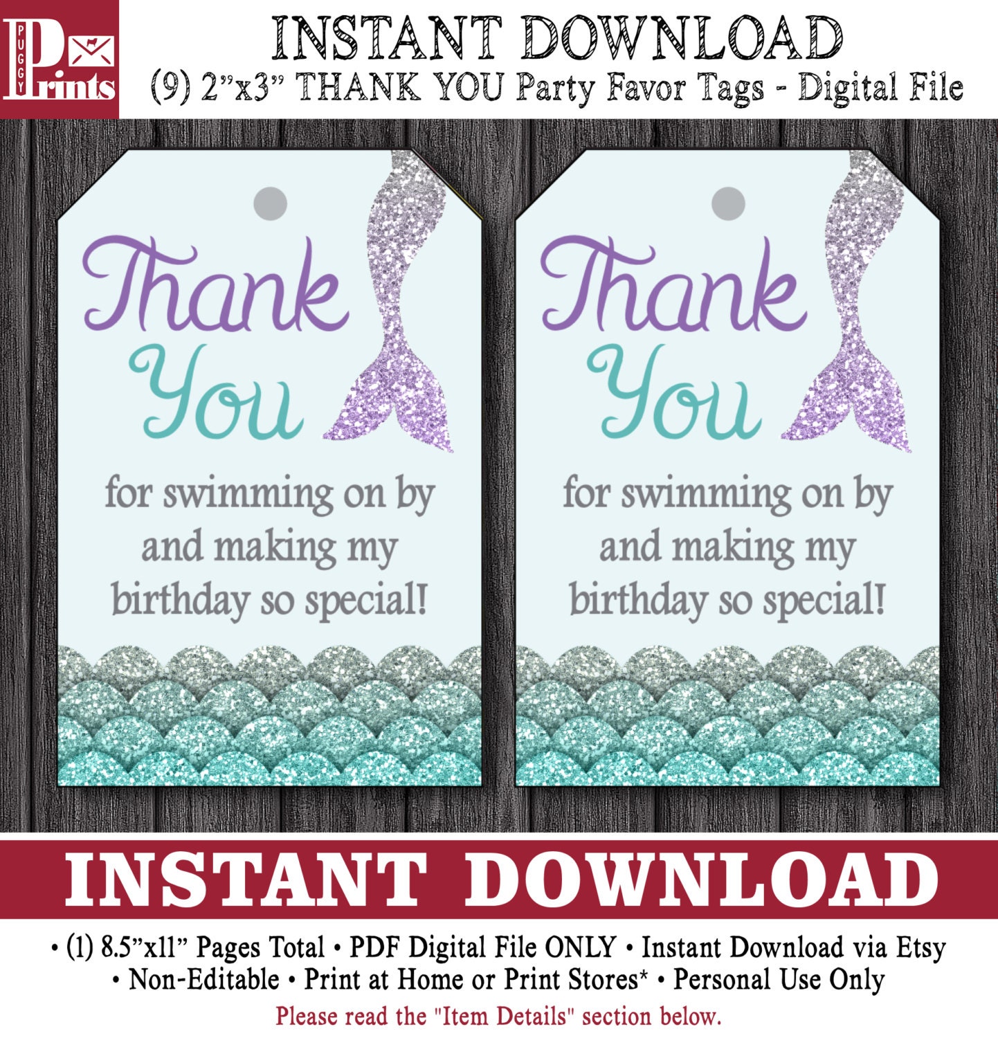 mermaid birthday favor tags mermaid thank you by puggyprints