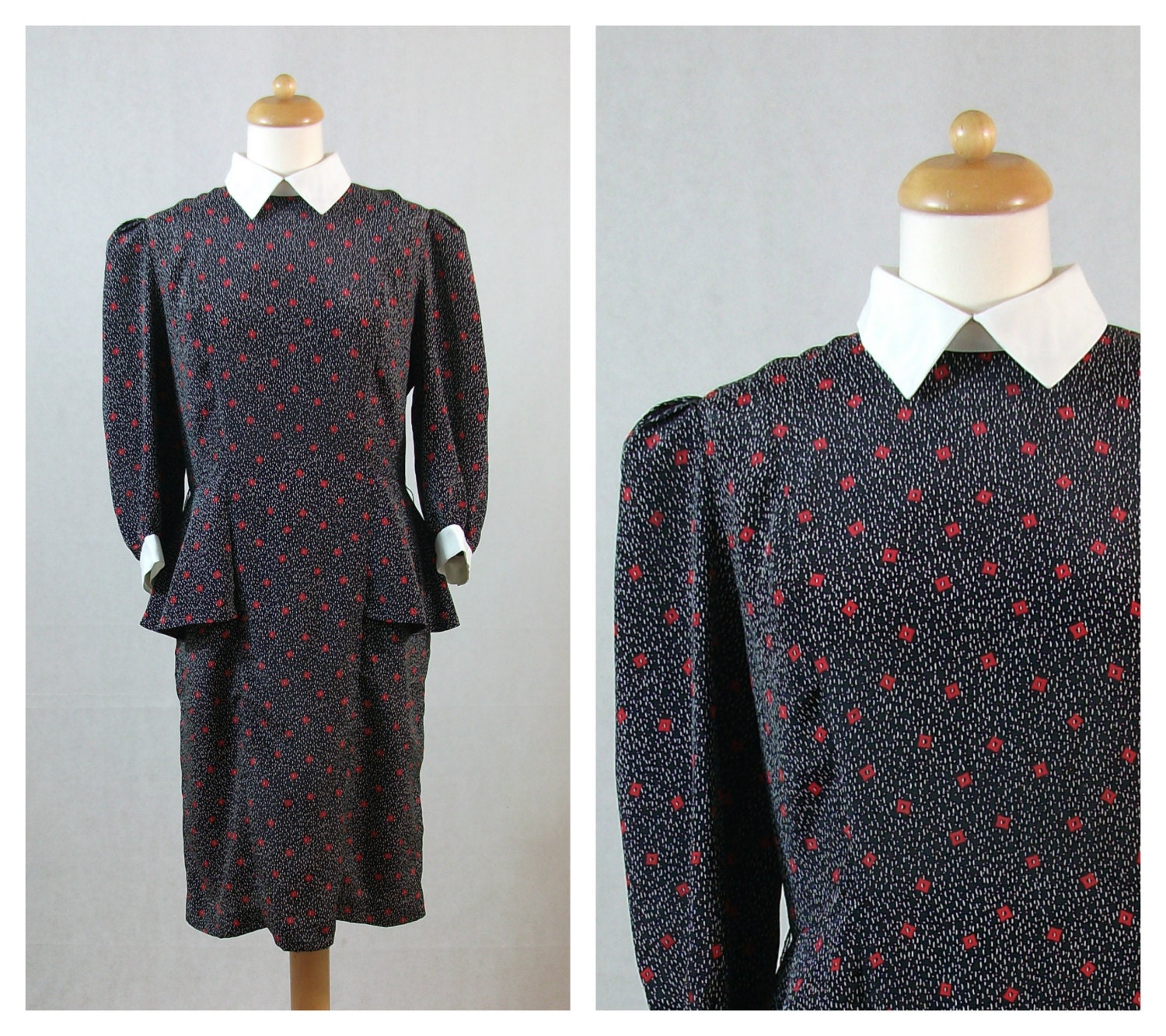 80's Black White and Red Floral Silk Peplum Dress by Point of View