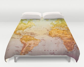 Map Of The World Quilt Cover World map duvet cover, bedding, bed sheets, duvet cover, world map, bedroom, king size, twin, full size, queen size, countries, map