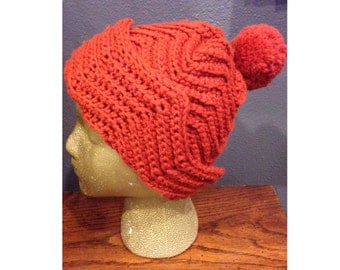 70's burnt orange crocheted beanie with pom pom - rust colored 70's vintage beanie - knot skull cap