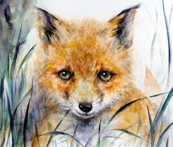 Fox art Baby Fox painting Original Watercolor by KURONINJIN