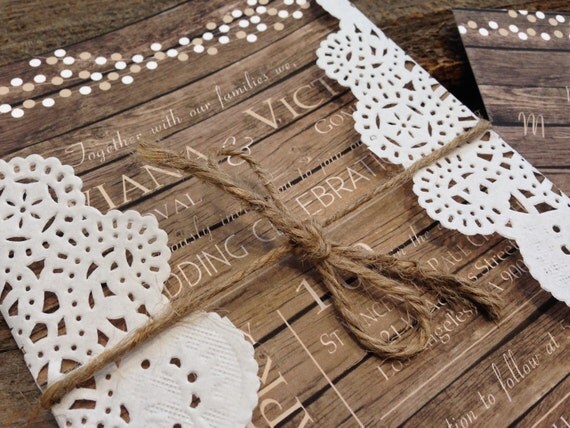 Rustic Wedding Invitation Set,Barn Wedding Invitation,Country Wedding Invitation,Wood Wedding Invitation, Doily Wedding Invitation