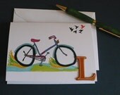 Personalized Note Card Stationery, Letter L Monogram Greeting Card, Bicycle Note Card, Blank Card, Original Artwork