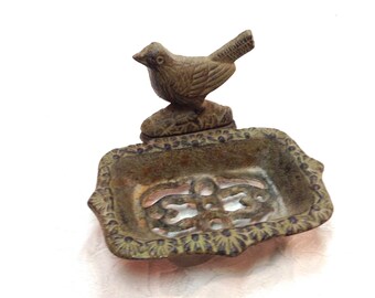 Vtg Adorable Bird Cast Iron Soap Dish Business Card Holder Antiqued Brown Green Color