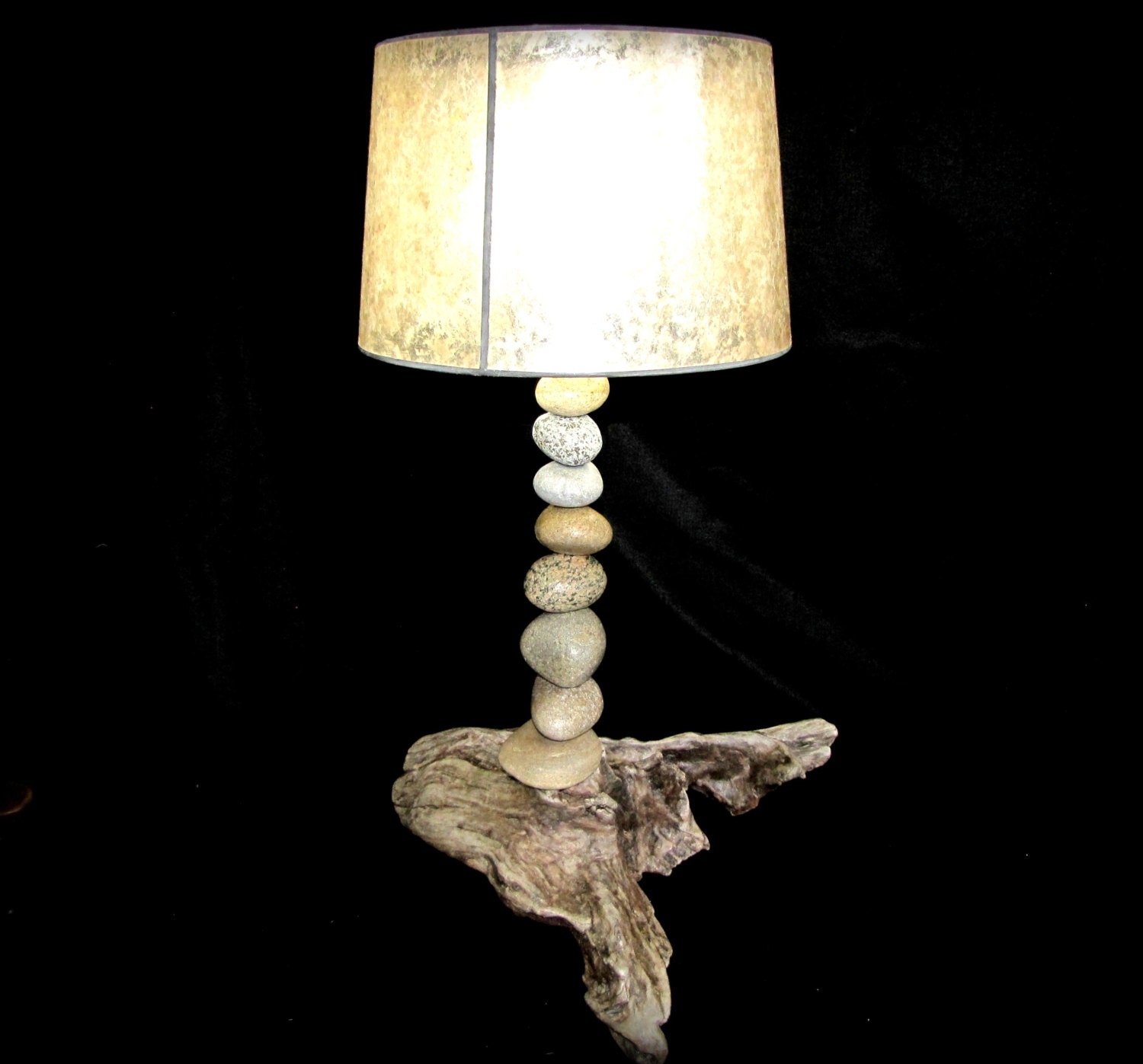 Rock Lamp 32 tall with Driftwood base and Mica by DriftRockBay