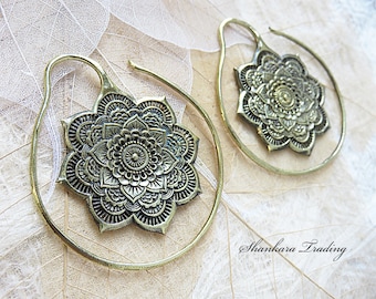 Tribal Brass Ear Weights, Brass Ear Expanders, Mandala Brass Expanders, Brass Tribal Earrings, Lotus Mandala Expanders, Brass Ear Weights