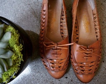 Genuine Tan Leather Woven Flats Size 7