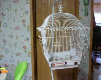 Medium Size White Victorian Bird Cage on Pole or Stand Alone with Dishes, Never Been Used Augusta Maine Pick Up Only