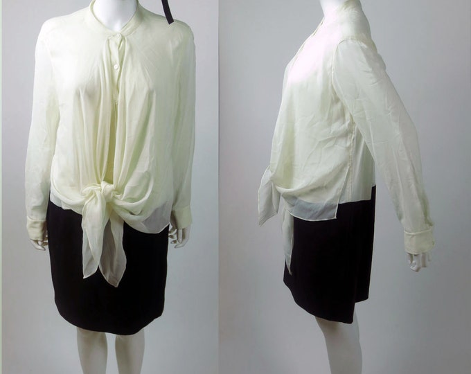 90s DKNY luxurious stretch silk crepe wrap blouson tied knotted bi-color black white secretary dress