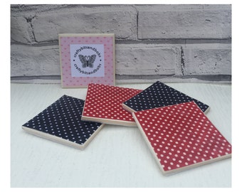 Red blue spot Fabric covered tile coasters, heatproof coasters, fabric coasters, wipeable coasters, red and blue spot coasters, housewarmi