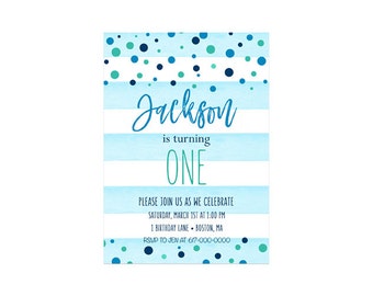 1st Birthday Invitation Boy, Blue Watercolor Stripes Blue Confetti First Birthday Invitation, Any Age Navy Blue Birthday Printable Digital