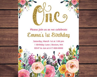 Floral 1st Birthday Invitation Girl, Any Age Floral Pink Gold First Birthday Invitation, Girl 1st ONE Birthday Printable JPEG 891
