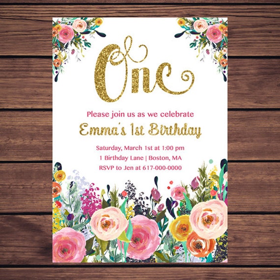 Floral 1st Birthday Invitation Girl, Any Age Floral Pink Gold First ...