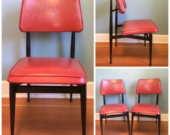 Set Of 2 Vintage Mid Century Red Vinyl Chairs, Mid Century Modern Chairs, Retro 60's Red Vinyl Black Metal Chairs.