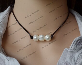 three pearl necklace, 11mm white freshwater pearl leather necklace,white pearl black leather necklace,a real pearl leather choker jewelry