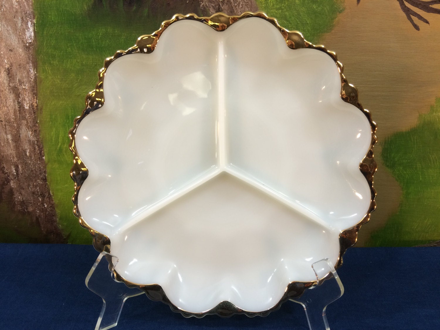 Vintage And Rare Divided Milk Glass Serving Dish With Gold Trim Around