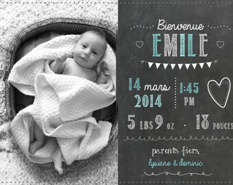 Naissance_FICHIER numerique_carte of thank you card personalized birth announcement slate Board, chalkboard