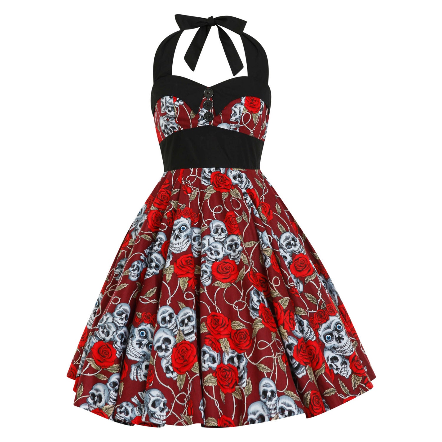 Rockabilly Dress Halloween Gothic Dress Skull Dress Red Roses