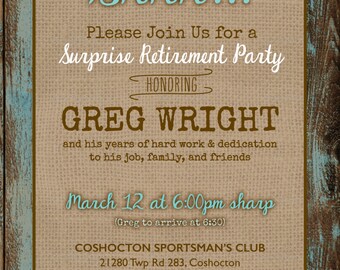 Rustic Surprise Retirement Party Invitation DIGITAL FILE