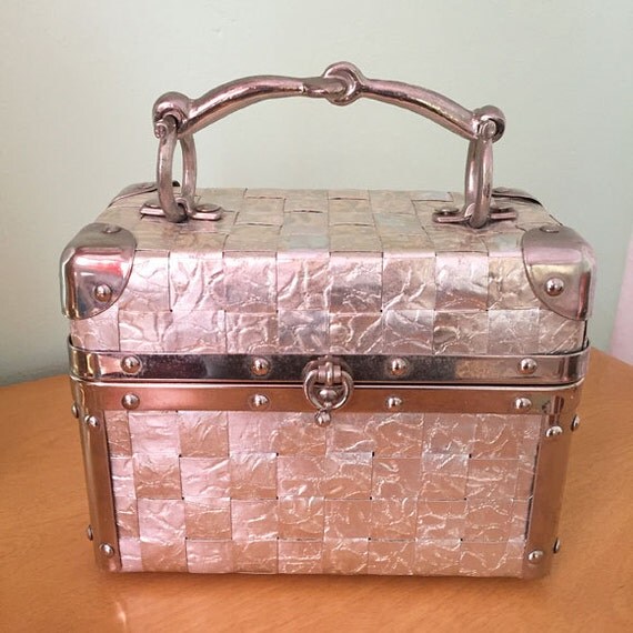 50's Vintage Delill Box Purse Train Case Silver Woven