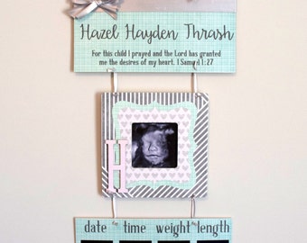 Welcome Baby Girl Mint, Grey, & White Hospital Door Hanger - Ultrasound Frame - Hospital Baby Sign - Baby Door Hanger - Nursery Door Sign