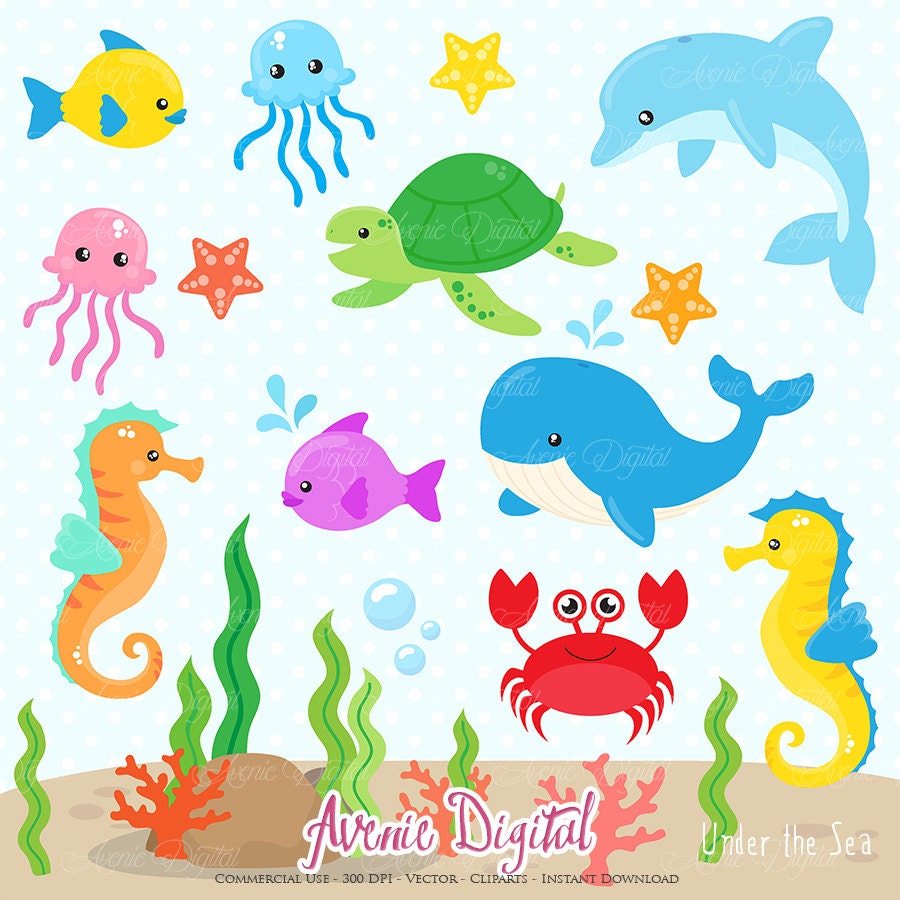 Under the Sea Clipart. Scrapbook printable Cute Sea animals