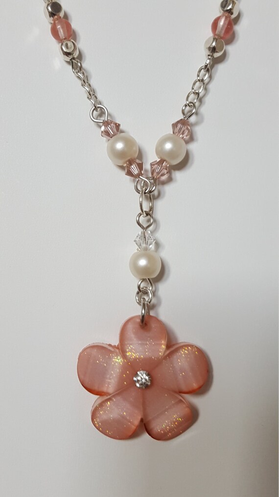 Sparkly pink flower charm necklace by WeThreeCrafts on Etsy