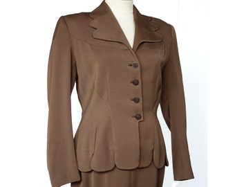 1940s Suit 40s | Womens | Gabardine | Cocoa Brown | Jacket and Skirt | Antique Clothing | Midcentury Secretary | Free Shipping