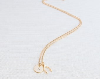 Personalized Wishbone Necklace, Initial Jewelry, Gold Plated Disc Necklace, Wishbone Necklace, A great gift idea