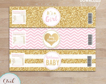 Pink and Gold Baby Shower Water Bottle Label, Gold Glitter, bottle wrappers, party supplies, Birthday Party, Instant download