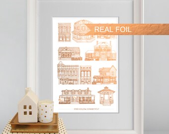Custom Rose Gold Stars Hollow Houses, Gilmore Girls, A4 cityscape print, Luke's Diner, Gilmore girls poster, architectural print