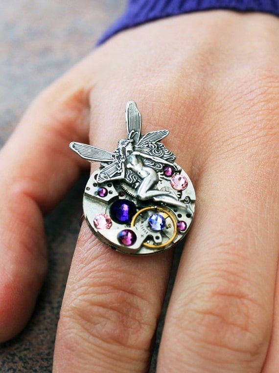 Fairy steampunk ring, steampunk ring, swarovski ring by DreamCloudJewelry steampunk buy now online