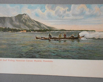 1907 ANTIQUE Surfing Postcard Hawaii Outrigger Canoe, Unused PMC, 'Surf Riding Hawaiian Canoe Waikiki, Honolulu' / RARE Surfing Memorabilia