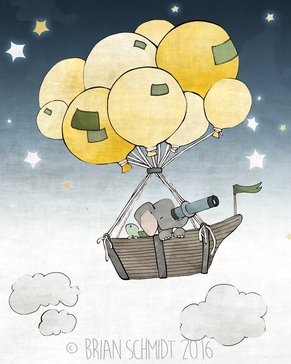 Elephant and Turtle Boat and Balloons Nursery Print - Stars and Clouds, Childrens Room Art, Yellow Green and Blue