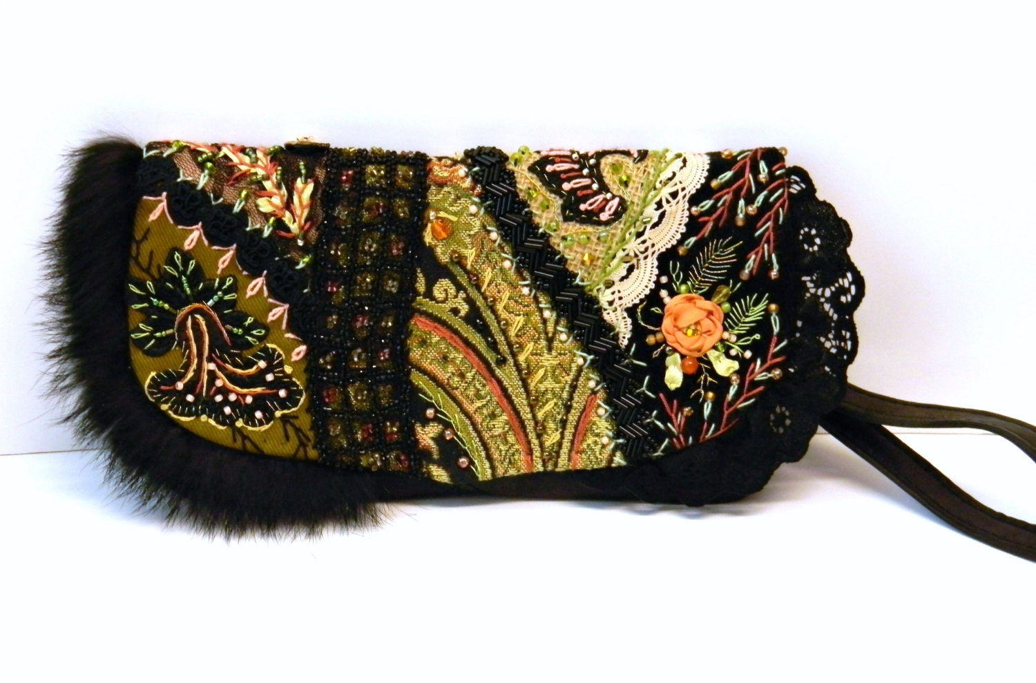 Crazy Quilt Clutch Black Wristlet Embellished with Beads Hand
