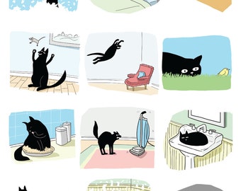 cat print, black cat print, funny cat illustration, cat comic, misbehaving cat, destructive cat, cat in sink, cat stalking bird mouse