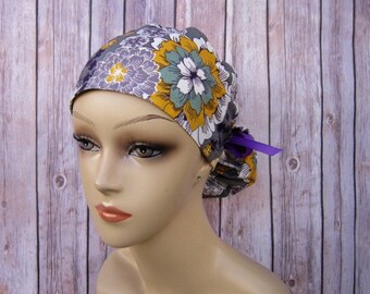 Ponytail Scrub Cap - Scrub Hat - Purple Gold Floral