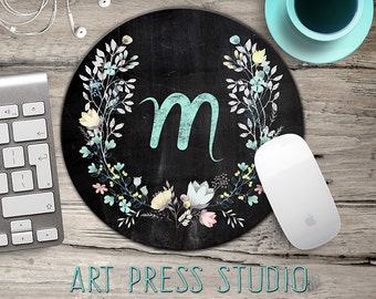 Chalkboard Initial Mousepad, Chalkboard Wreath Mouse Pad, Chalk Monogram and Flowers Mousepad, Boho Chic Mouse Pad