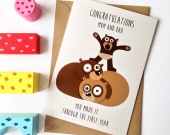 1st birthday card, baby birthday, milestone, parenting card - Niece, Nephew, Granddaughter, Grandson congratulations Mum and Dad